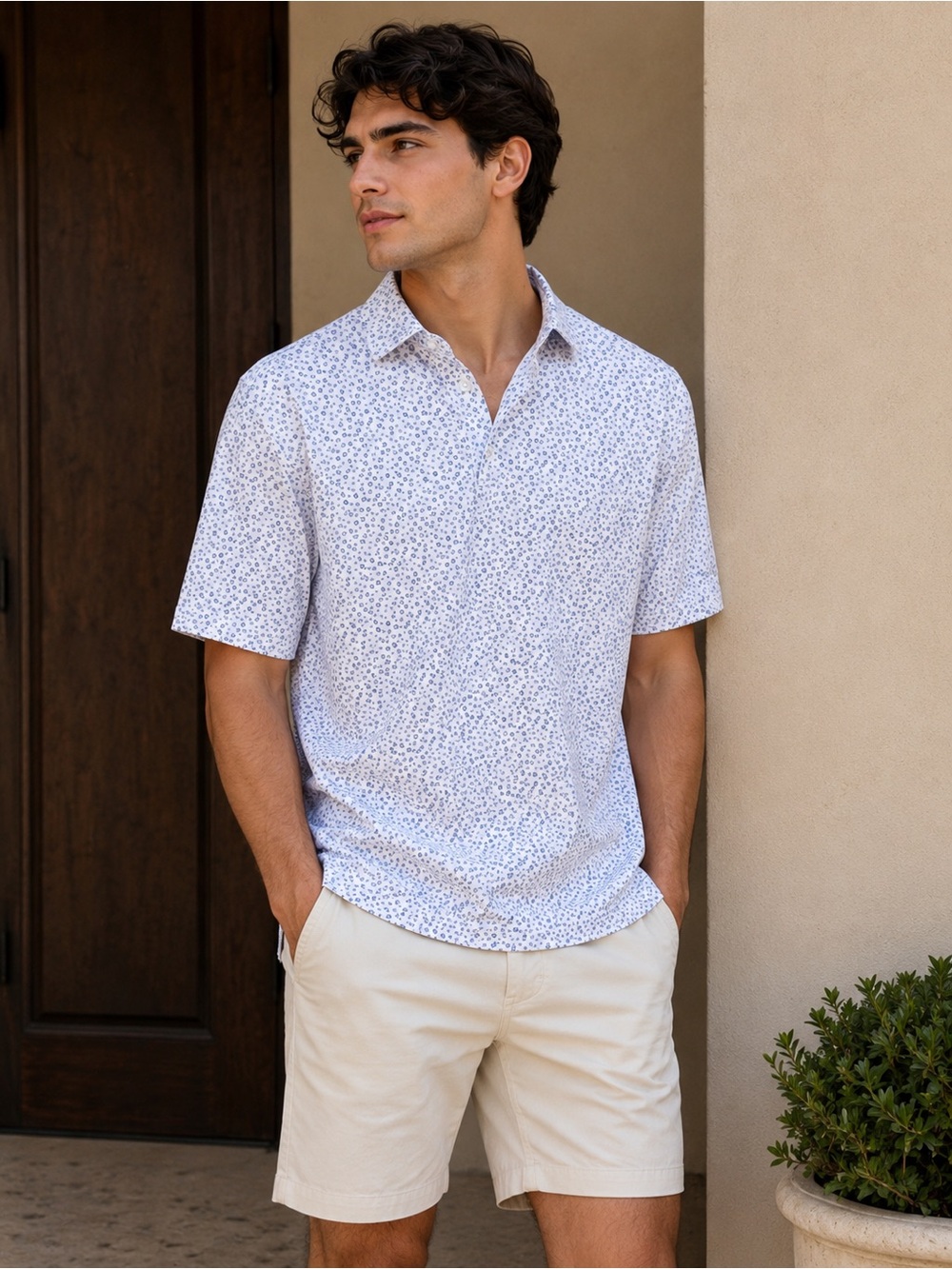Hogan Men's Short-Sleeve Button-Down Shirt - White with Blue Microprint